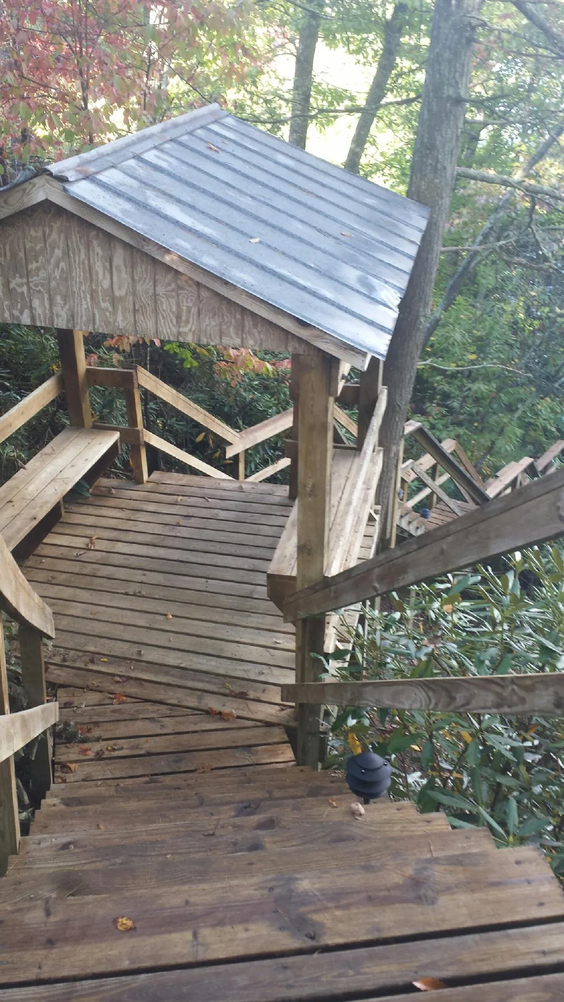 Metal roofed shelter over wooden steps on a wooded walkway — Skylight Repair & Installation work by our crew in Boulevard